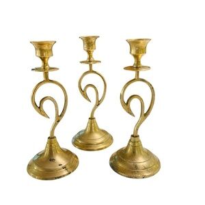 Vintage Mid-Century Modern Brass Swirl Candlestick Holders (Set of 3)